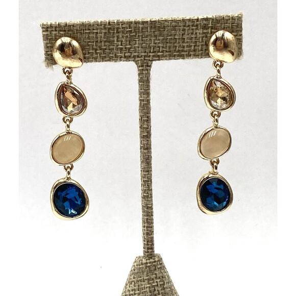 Earrings Drops Dangles Glass Stones Blue Gold Tone - Picture 4 of 7